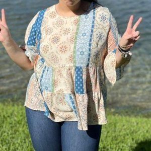 Women's Plus Size 3/4 Sleeve Baby Doll Top Blouse Floral Patchwork Blue 2X